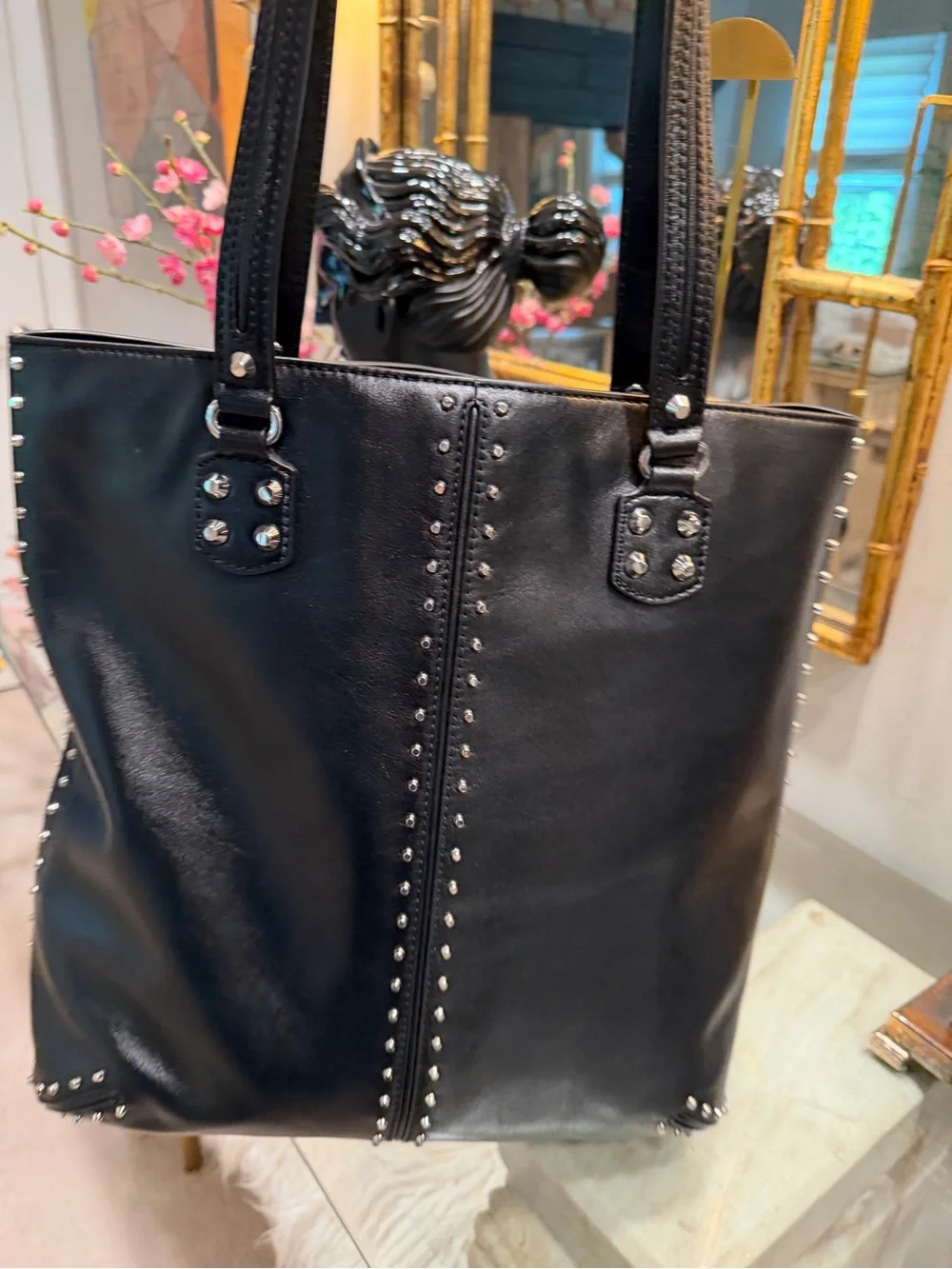 Michael Kors Black Leather Studded Chic Top Handle Tote NWOT